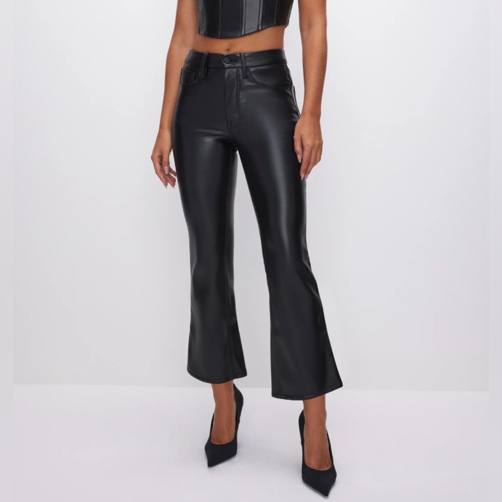 Good American Black Faux Leather Flare Pants